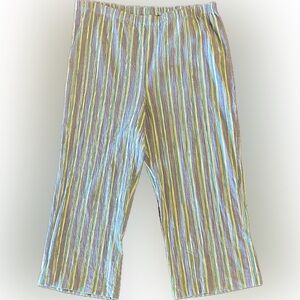 Chico’s Striped Blue & Green Seersucker Cotton Pull-On Cropped Summer Pants